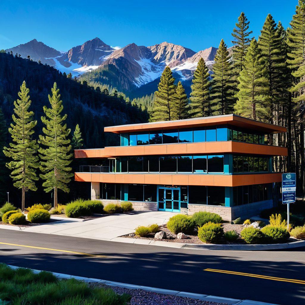 A scenic view of a Colorado DMV office surrounded by majestic mountains and pine trees, with friendly staff assisting diverse families and individuals at the registration counter, colorful signage representing licensing and support services, a soft warm sun shining down. super-realistic. vibrant colors. clear blue sky.