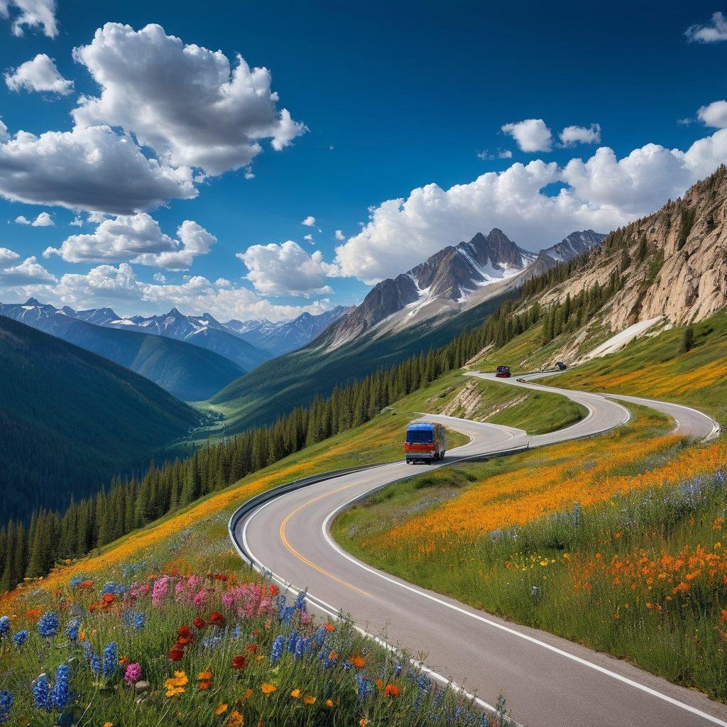 A breathtaking mountainous landscape of the Rocky Mountains, featuring winding roads with vehicles safely navigating curves. Include signs illustrating road safety tips and a vehicle service station nestled in the mountains. A clear blue sky with fluffy clouds and vibrant wildflowers in the foreground to convey a sense of adventure and safety. super-realistic. vibrant colors. wide-angle view.