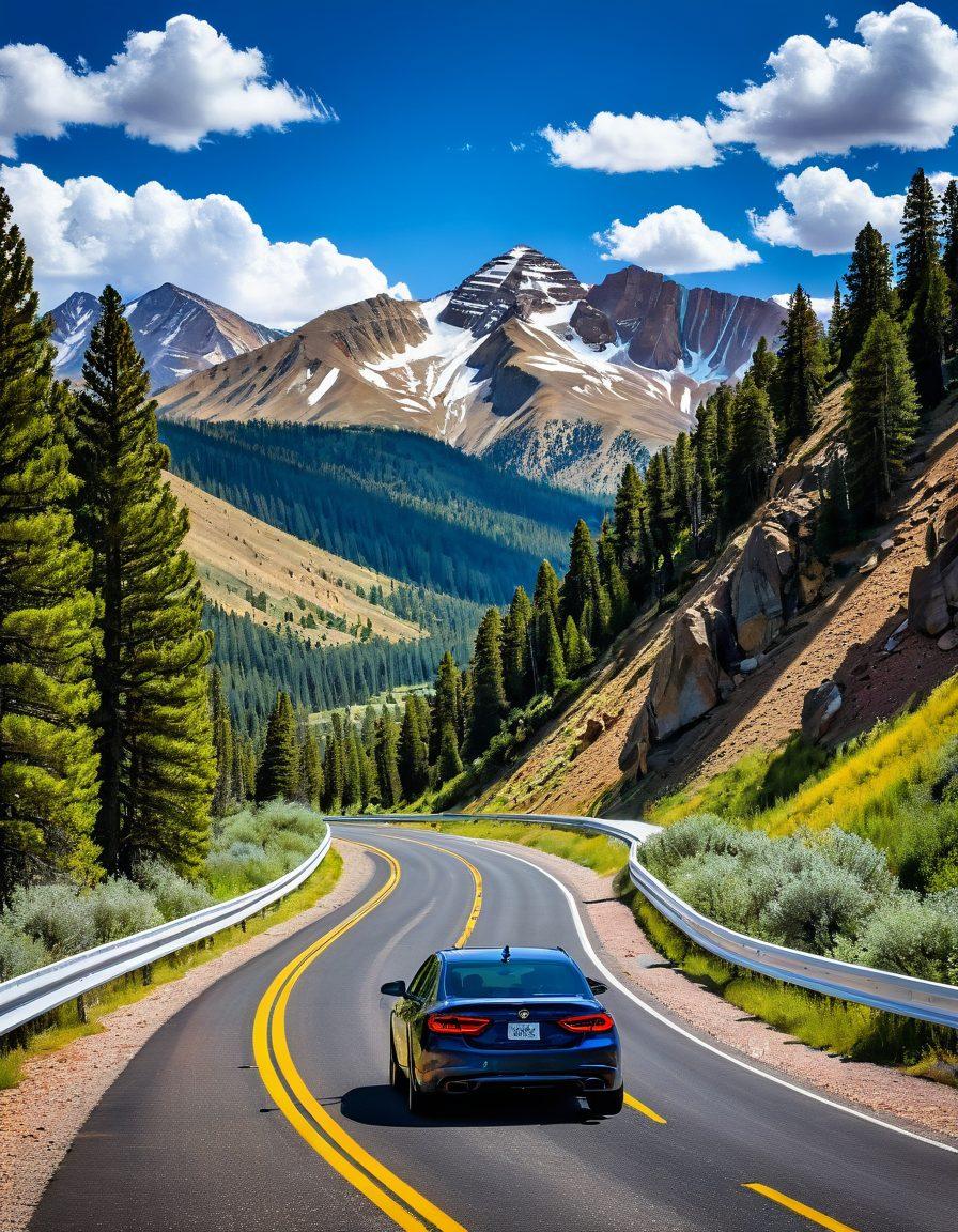 A scenic view of Colorado's mountainous landscape with a winding road leading into the distance. Include vehicles of various types like cars and motorcycles in motion, with a bright blue sky and fluffy clouds above. Integrate elements of vehicle services, such as a DMV building subtly placed along the roadside. Emphasize a sense of adventure and safety, perhaps with road signs and cyclists featured. vibrant colors. super-realistic.